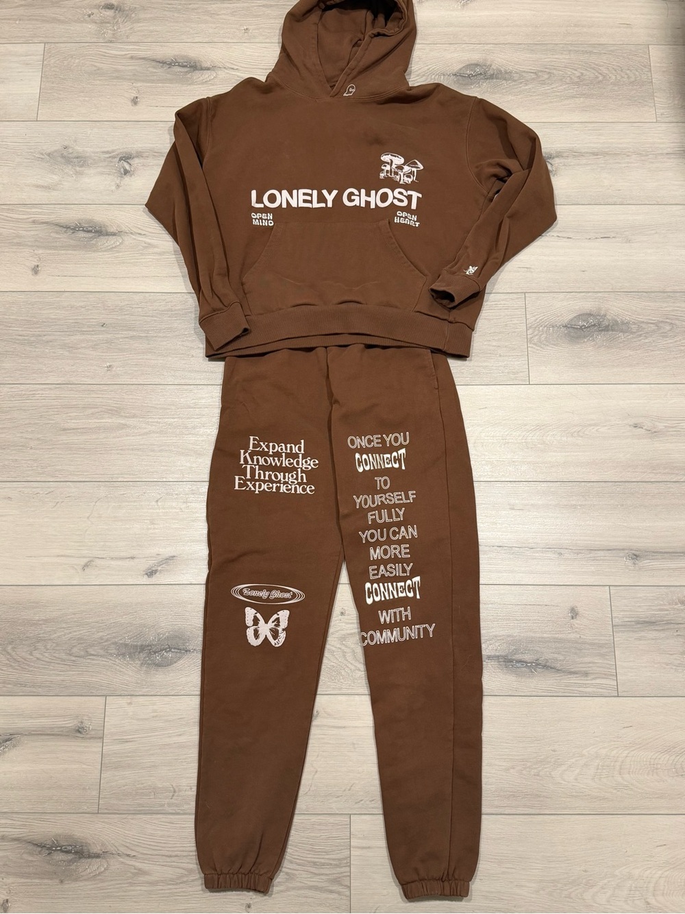 Lonely Ghost Brown Hoodie Jogger Set Size Small Open Mind Open Heart Sweatsuit
